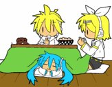 Miku, Rin y Len desayunando