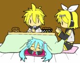 Miku, Rin y Len desayunando