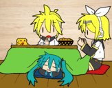 Miku, Rin y Len desayunando