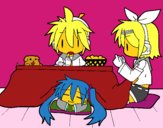 Miku, Rin y Len desayunando