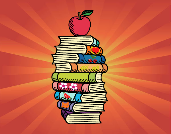 muchos libros y una manzana fresca