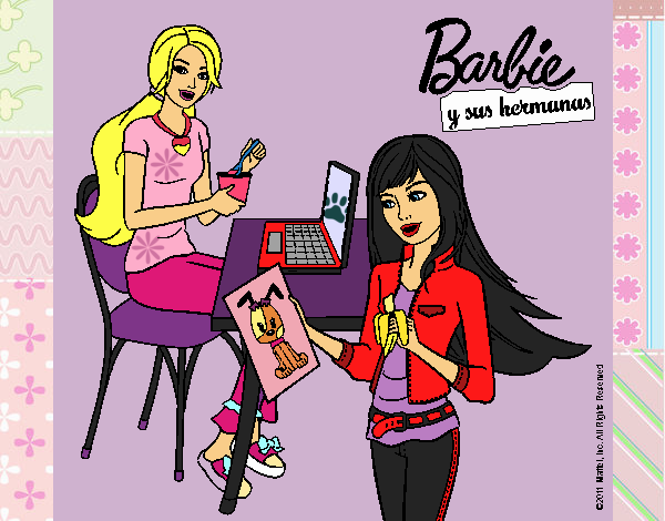 Dibujo de Barbie y su hermana merendando pintado por Ceninsa en Dibujos net el día a