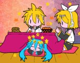 Miku, Rin y Len desayunando