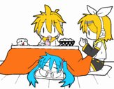 Miku, Rin y Len desayunando