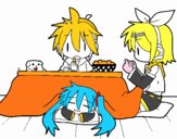 Miku, Rin y Len desayunando