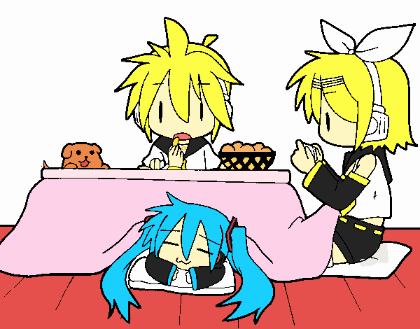 Dibujo Miku, Rin y Len desayunando pintado por Onigiri