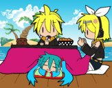 Miku, Rin y Len desayunando