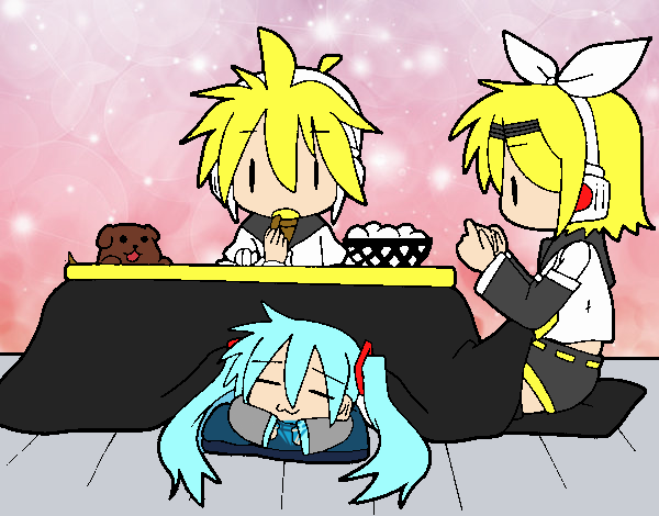 Miku, Rin y Len desayunando