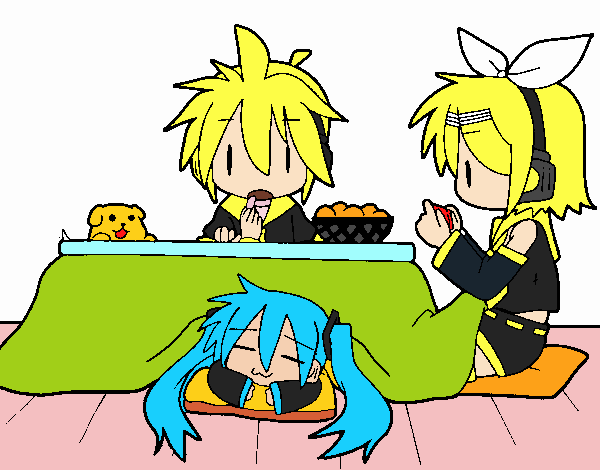 Miku, Rin y Len desayunando