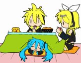 Miku, Rin y Len desayunando