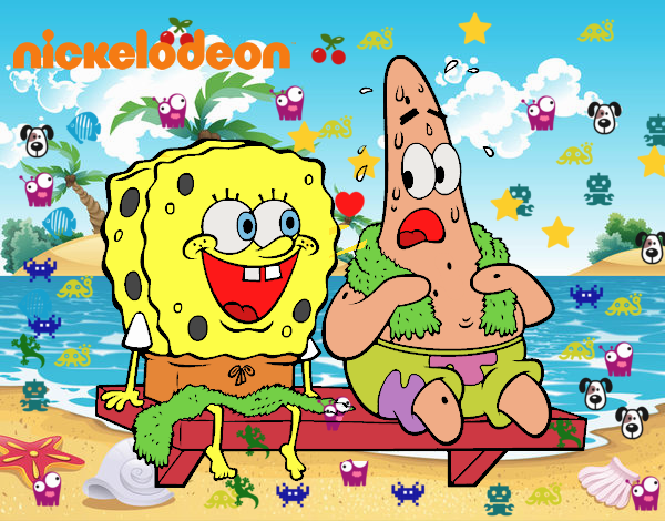 mauricio y BOb esponja en bañador.