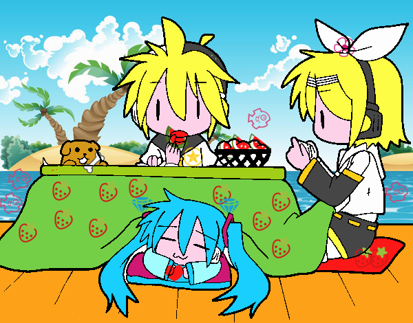 Miku, Rin y Len desayunando