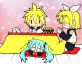 Miku, Rin y Len desayunando