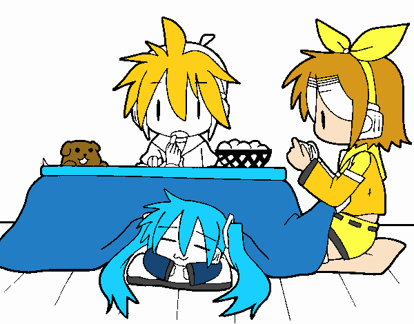 Miku, Rin y Len desayunando