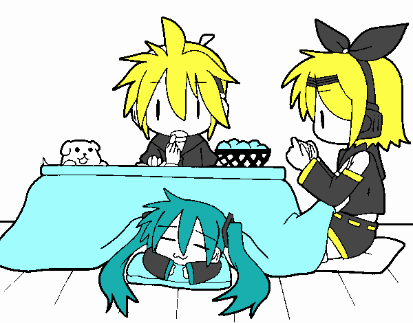 Miku, Rin y Len desayunando