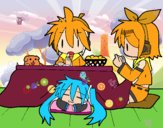 Miku, Rin y Len desayunando