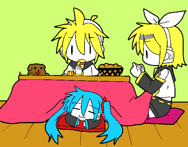 Miku, Rin y Len desayunando