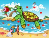 Tortuga de mar con peces