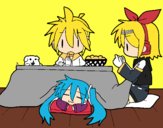 Miku, Rin y Len desayunando