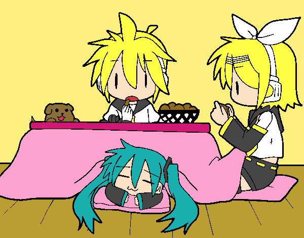 Miku, Rin y Len desayunando