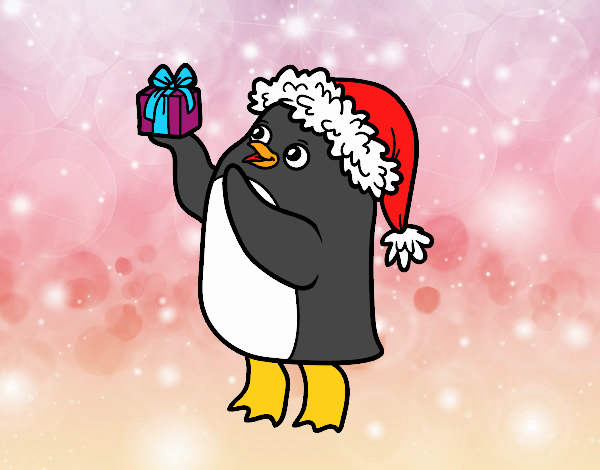 Pingüino con gorro y regalo de Navidad