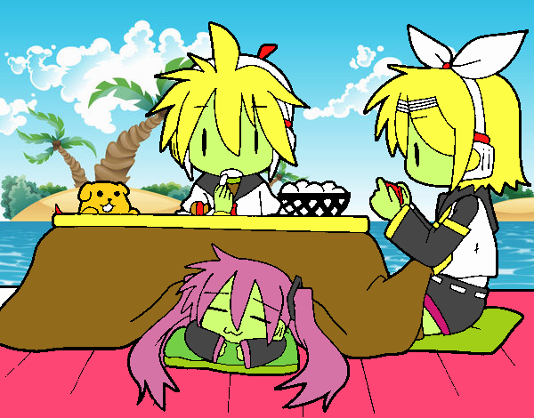 Miku, Rin y Len desayunando