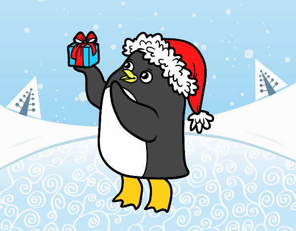 Pingüino con gorro y regalo de Navidad