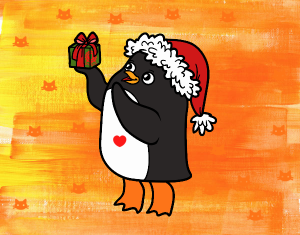 Pingüino con gorro y regalo de Navidad