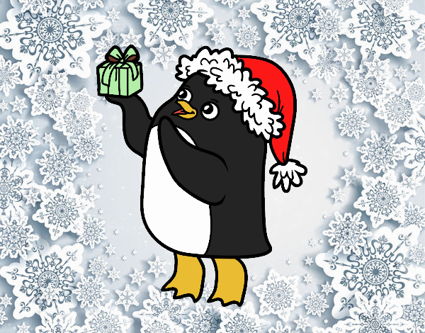 Pingüino con gorro y regalo de Navidad