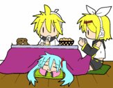 Dibujo Miku, Rin y Len desayunando pintado por Natalia-