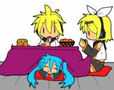 Miku, Rin y Len desayunando