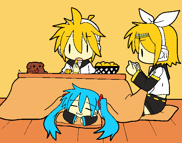 Miku, Rin y Len desayunando