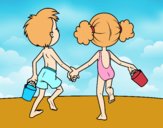 Dibujo Niña y niño en la playa pintado por AgusNet