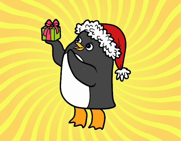 Pingüino con gorro y regalo de Navidad