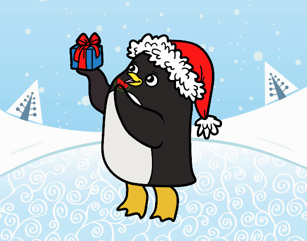 Pingüino con gorro y regalo de Navidad