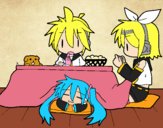 Miku, Rin y Len desayunando