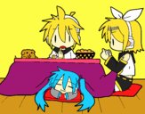 Miku, Rin y Len desayunando