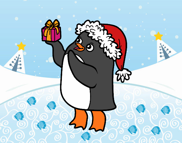 Pingüino con gorro y regalo de Navidad