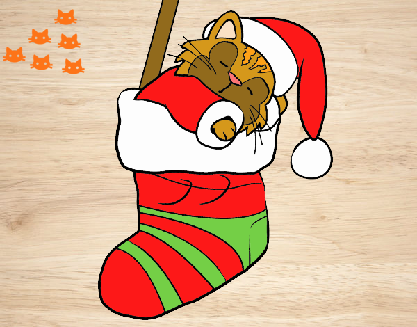 Dibujo Gatito durmiendo en un calcetín de Navidad pintado por 104gh