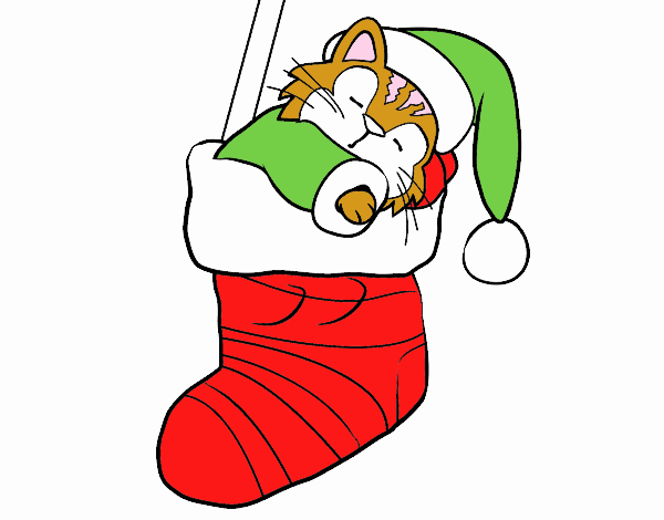 Gatito durmiendo en un calcetín de Navidad