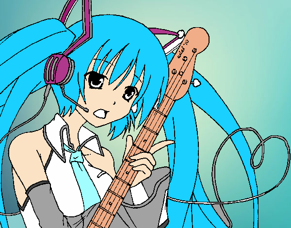 Dibujo Miku con guitarra pintado por PudinGirl