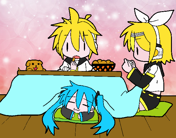 Miku, Rin y Len desayunando