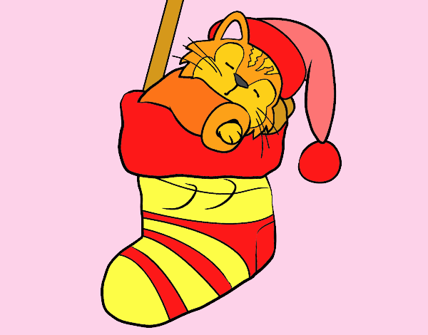 Gatito durmiendo en un calcetín de Navidad