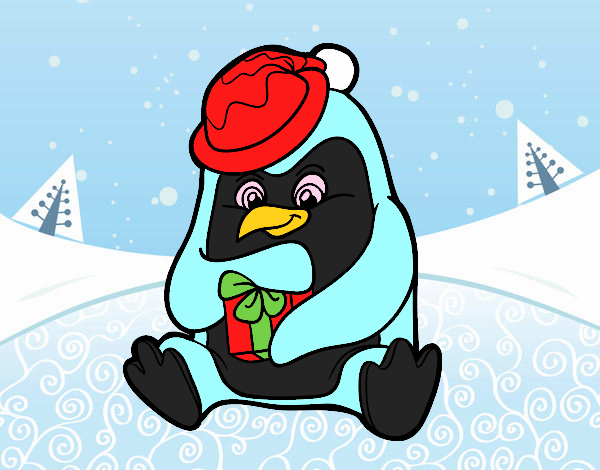 Un pingüino con regalo de Navidad