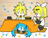 Miku, Rin y Len desayunando