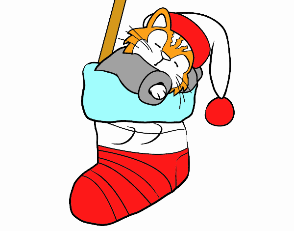 Gatito durmiendo en un calcetín de Navidad