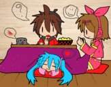 Miku, Rin y Len desayunando