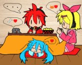 Miku, Rin y Len desayunando