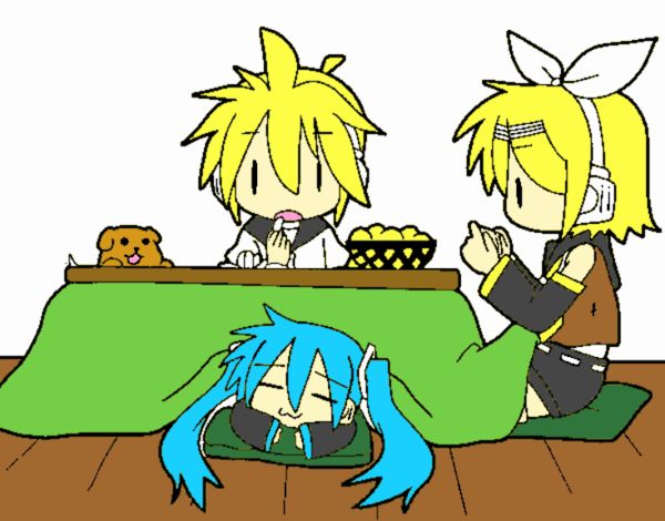 Miku, Rin y Len desayunando