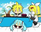 Miku, Rin y Len desayunando